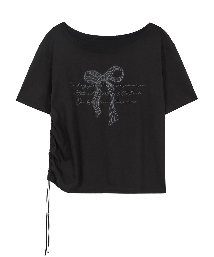 ILLIGO Ribbon Shirred Off-Shoulder T-Shirt Black