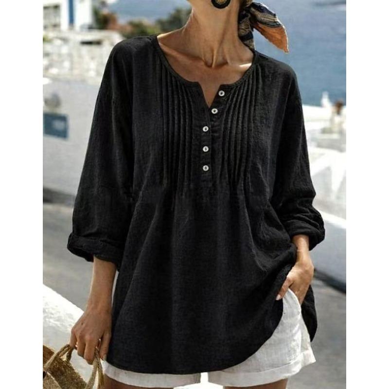 Women Loose Fit Long Sleeve V Neck Plus Size Casual Shirt