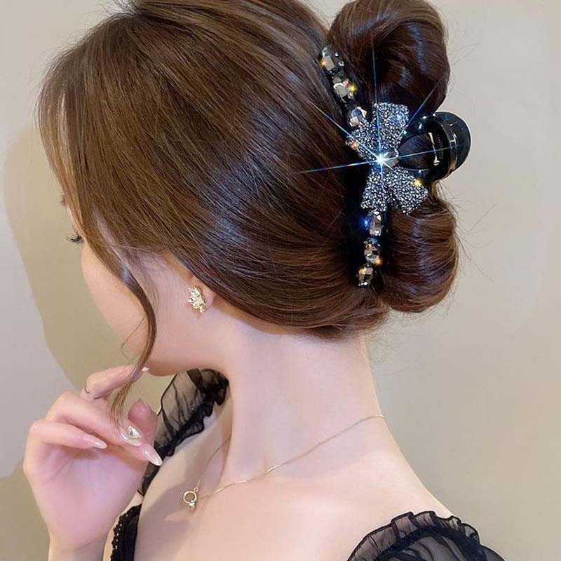 Pinces à Cheveux Mode Nœud en Cristal Noir pour Femmes Filles Exquis Zircon Brillant Pinces Requin Crabe Pince à Cheveux Coiffure Accessoires pour Cheveux