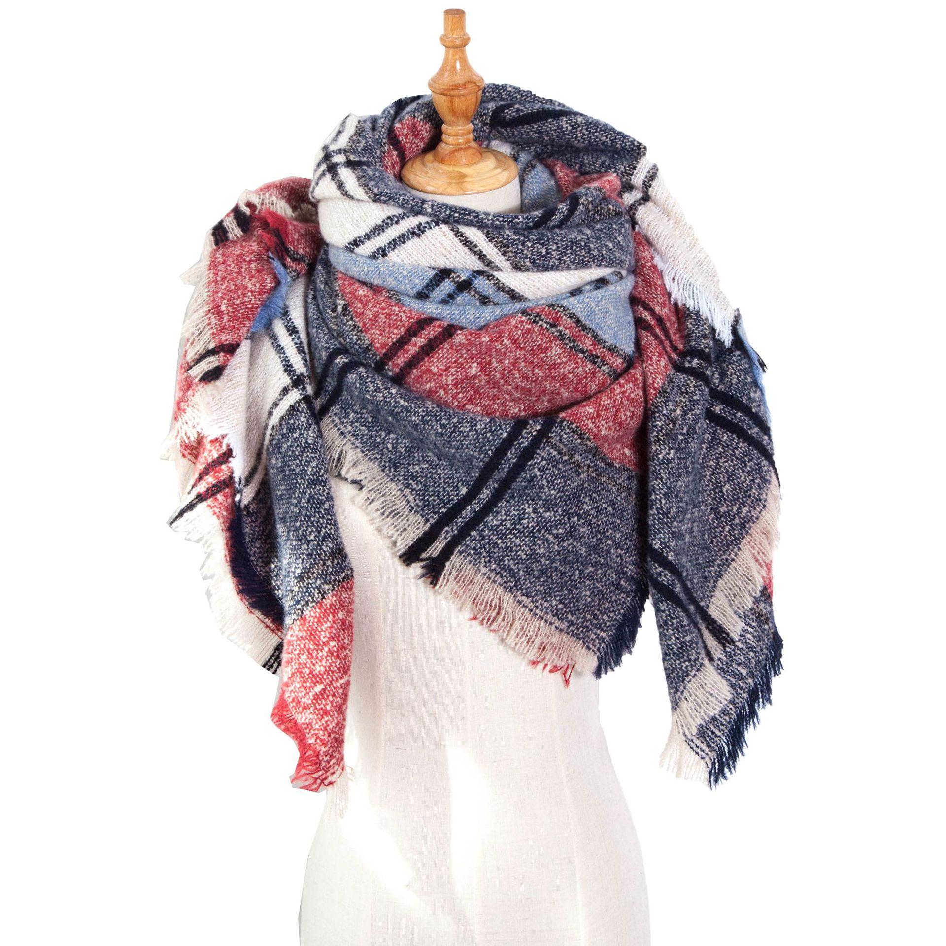 

Осенне-зимний шарф с кисточками, женский клетчатый теплый треугольный платок 28