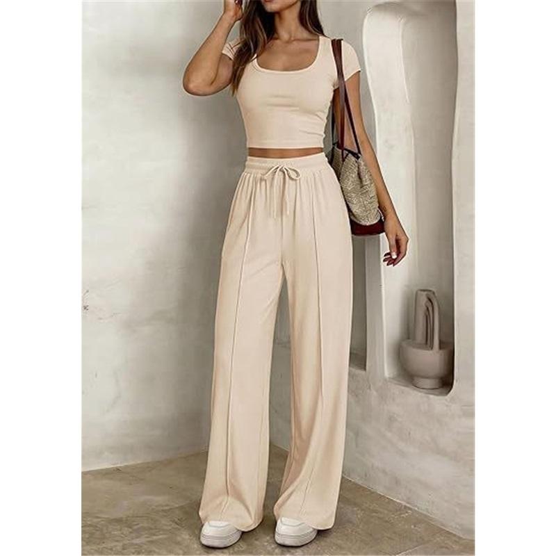 Women's 2-piece Square Neck Short Sleeved Crop Top&high Waist Wide Leg Pants Casual Set