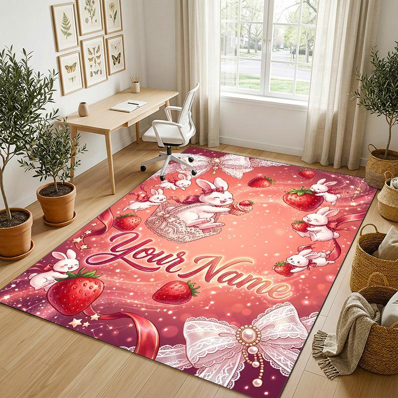 Easter Bunny Theme Crystal Velvet Rug Personalized Custom Name Text Soft Floor Mat Home Decor