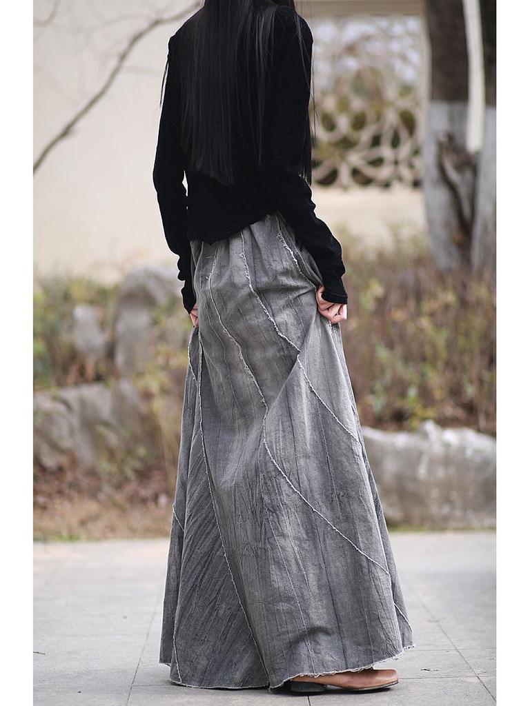 Spring/Summer Ramie Tie-Dye Patchwork Midi Skirt with Frayed Edges