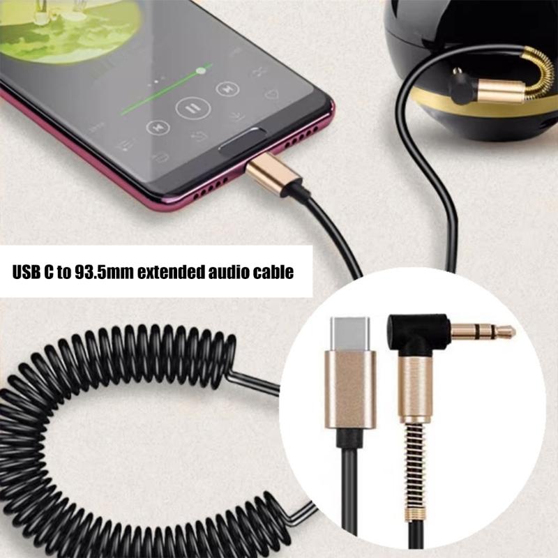 Spring Coiled Type C To 3.5mm Headphone Cable 90 Degree Male Sound Cord Angled Sound Extension Cord for USB C Smartphone