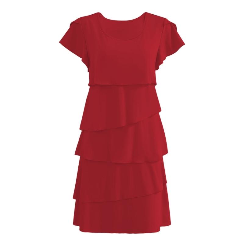 Women's Short Sleeve Crew Neck Ruffle Tiered Layered Flowys Swing Long Midi Dress Summer Dresses Casual Loose Dresses