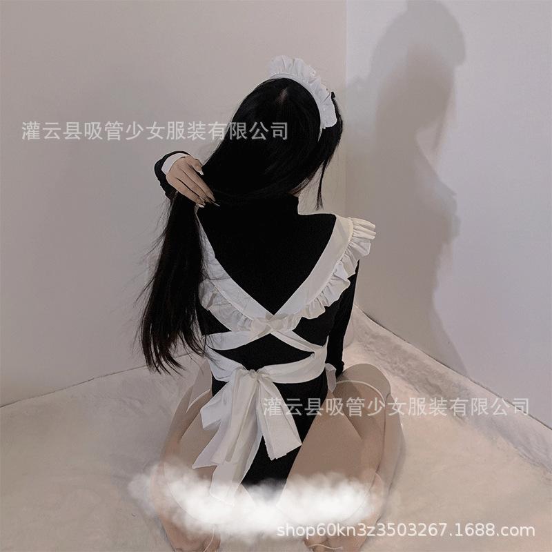 Sexy lingerie sexy cute maid outfit long sleeve dew RU hollow maid apron strap fungus edge pure desire wind