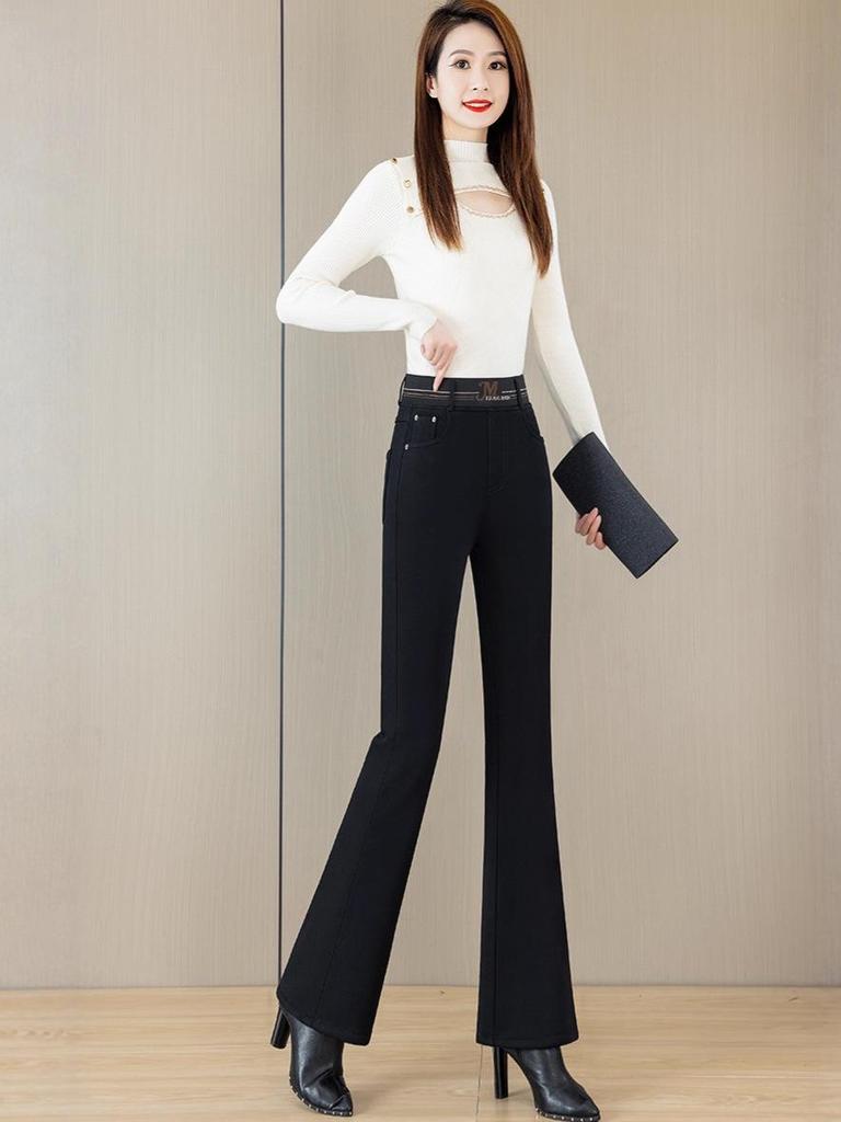 High-Waisted Fleece-Lined Women's Flared Denim Pants, Slim Fit with Elastic Waistband, Warm and Comfortable