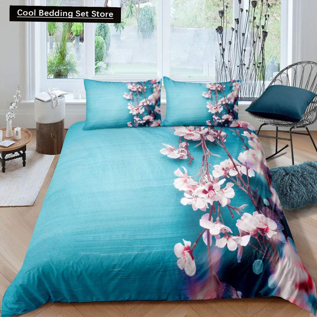 Rosa Kirschblüten King Queen Bettwäscheset Frühlingsflora Bettbezug Japanische Blumen Steppdeckenbezug Weicher Polyester Bettdeckenbezug