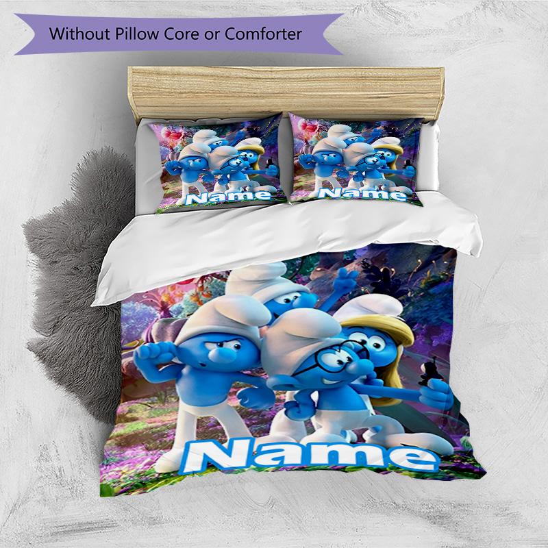 3pcs Duvet Cover Set (1*Duvet Cover + 2*Pillowcase, Without Core), Custom Name Blue Smurfs Pattern Bedding Set, Home Bedroom Decor Gift