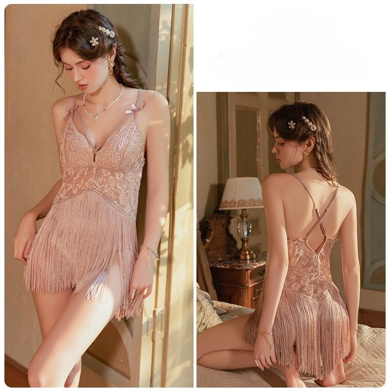 

Women’s Sexy Lace Tassels Sleep Dress Deep V Backless Slip Nightdress and Thong Set XL темно-рожевого кольору