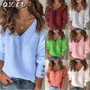 Women's Fashion Casual Solid Color Print Long Sleeve V Neck Blouses & Shirts