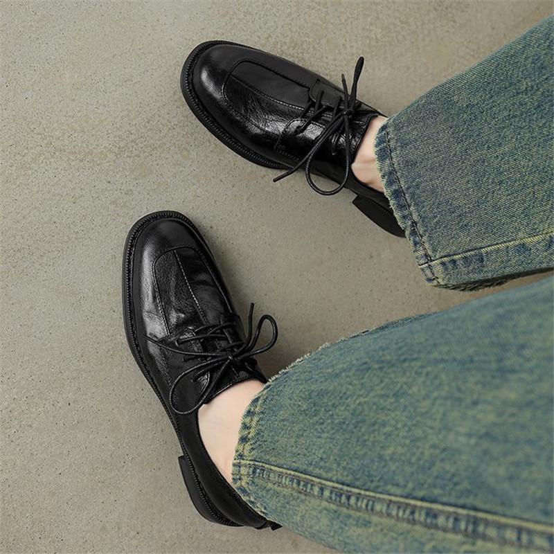 Fashion New Spring/autumn Genuine Leather Women Shoes Round Toe Shoes for Women Fashion Versatile Lace Loafers Low Heel Women Pumps