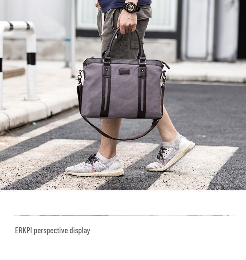 Men's Classic Canvas Business Briefcase: Horizontal Shoulder Bag with Cowhide Accents for Laptop and Daily Use
