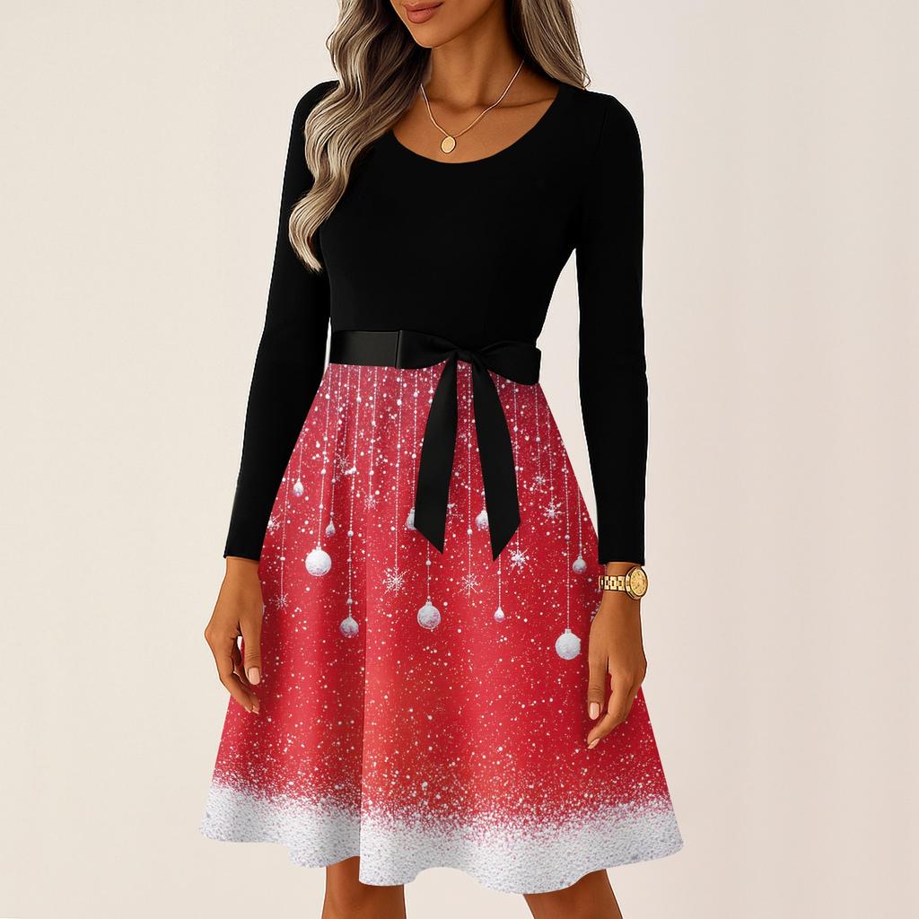 Kadın Günlük Moda Uzun Kollu Noel Grafik Baskılı Vintage Uzun Elbiseler