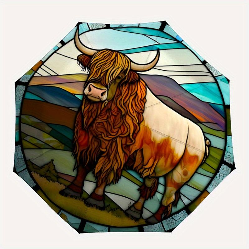 

1pc Stained Glass Cow Automatic Folding Umbrella - 8-Rib Iron Frame, Windproof, Portable Sunshade with Plastic Handle for Travel & Outdoor A