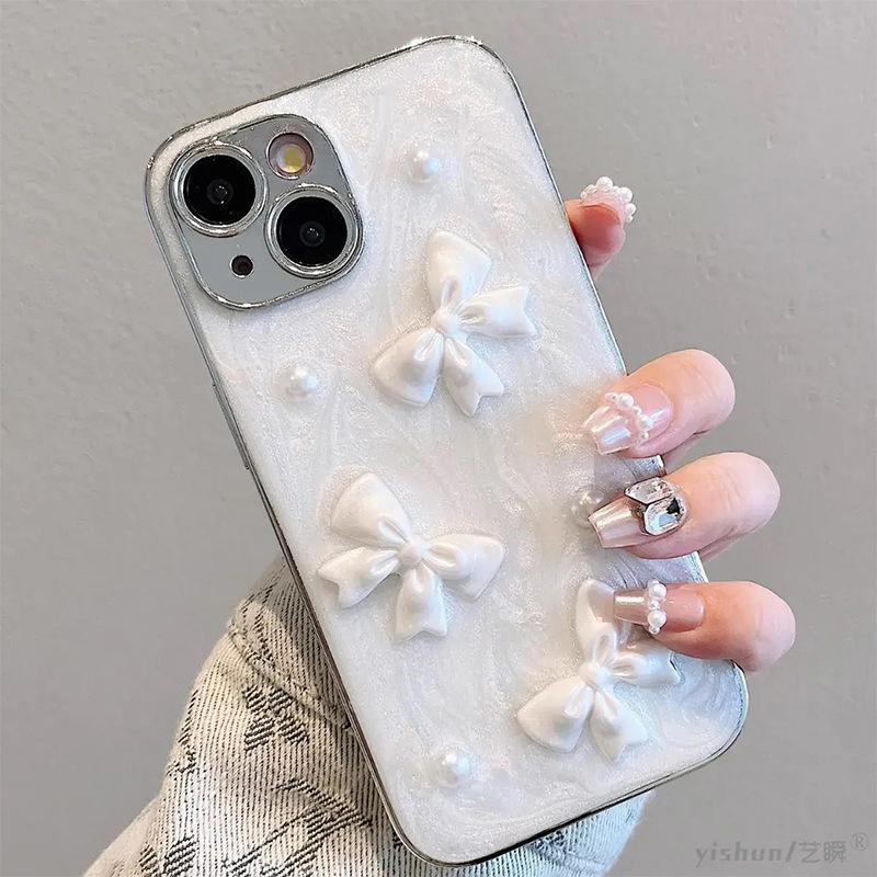 For IPhone 17 Promax Drop Glue Bow Pearl Phone Case for Apple 15 Plus Precision Hole 14 Anti Drop 16