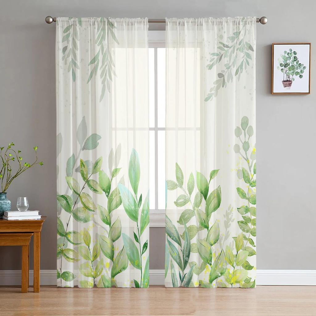 Blue Watercolor Flower Tulle Curtains For Living Room Chiffon Voile Sheer Window Curtain For Bedroom