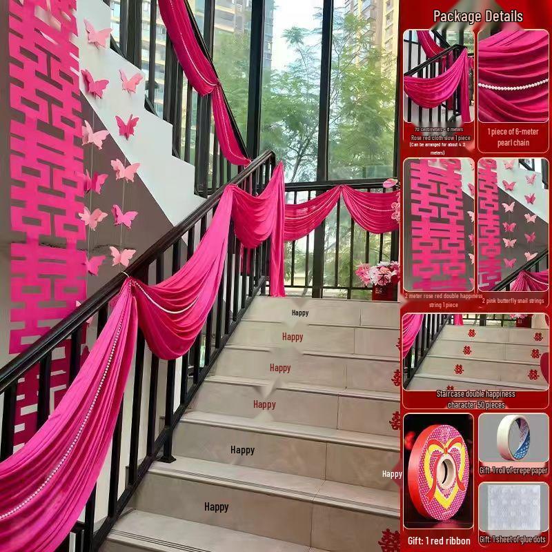 Elegant Stair Handrail Decorations: Gauze Curtains, Red Banners, Lanterns, and Flowers for Wedding Halls
