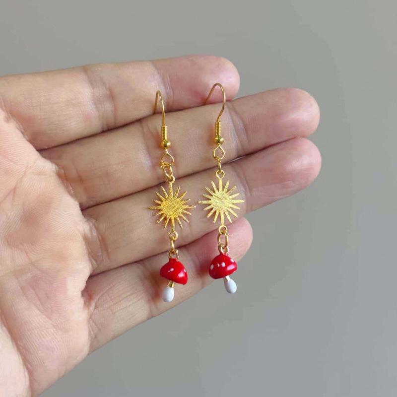 Bohemian Gold Sun and Mushroom Earrings