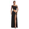 European and American Summer New Women's Clothing Sexy Slanted Shoulder Open Button T-shirt Vest Slim Side Split Skirt Set