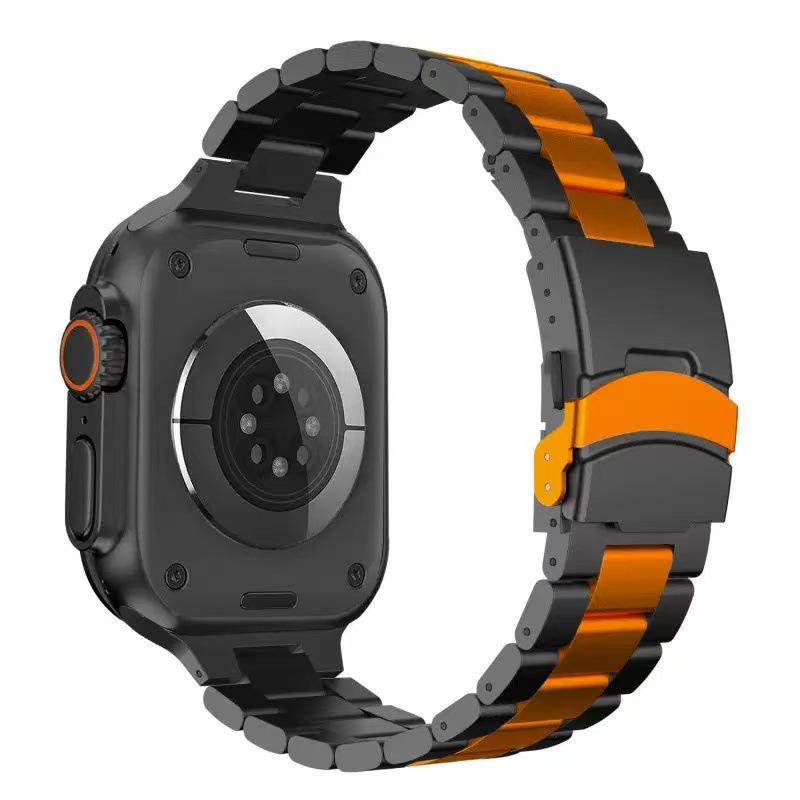 Three-Bead Steel Band Buckle Strap for Apple Watch, Compatible with All iWatch Generations, Stainless Steel.