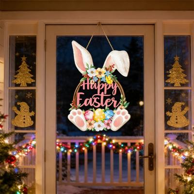Cartel de Pascua de Madera con Conejo y Flores Placa de Bienvenida para Colgar en la Puerta Decoración de Felicitación Hecha a Mano