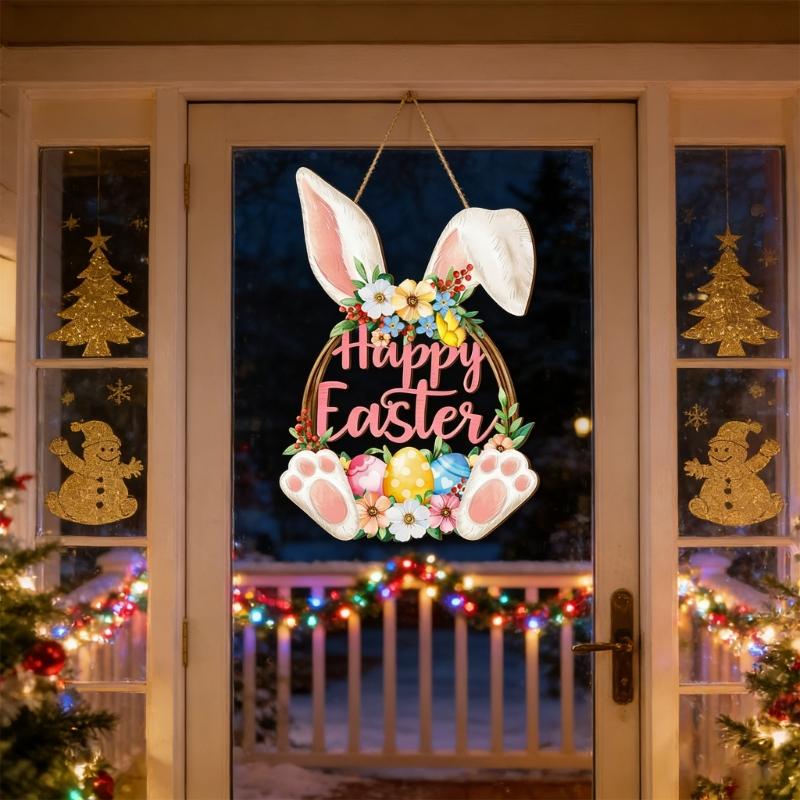 Easter Wooden Welcome Sign with Spring Flowers Rabbit Designs for Door Decoration Hanging Ornament