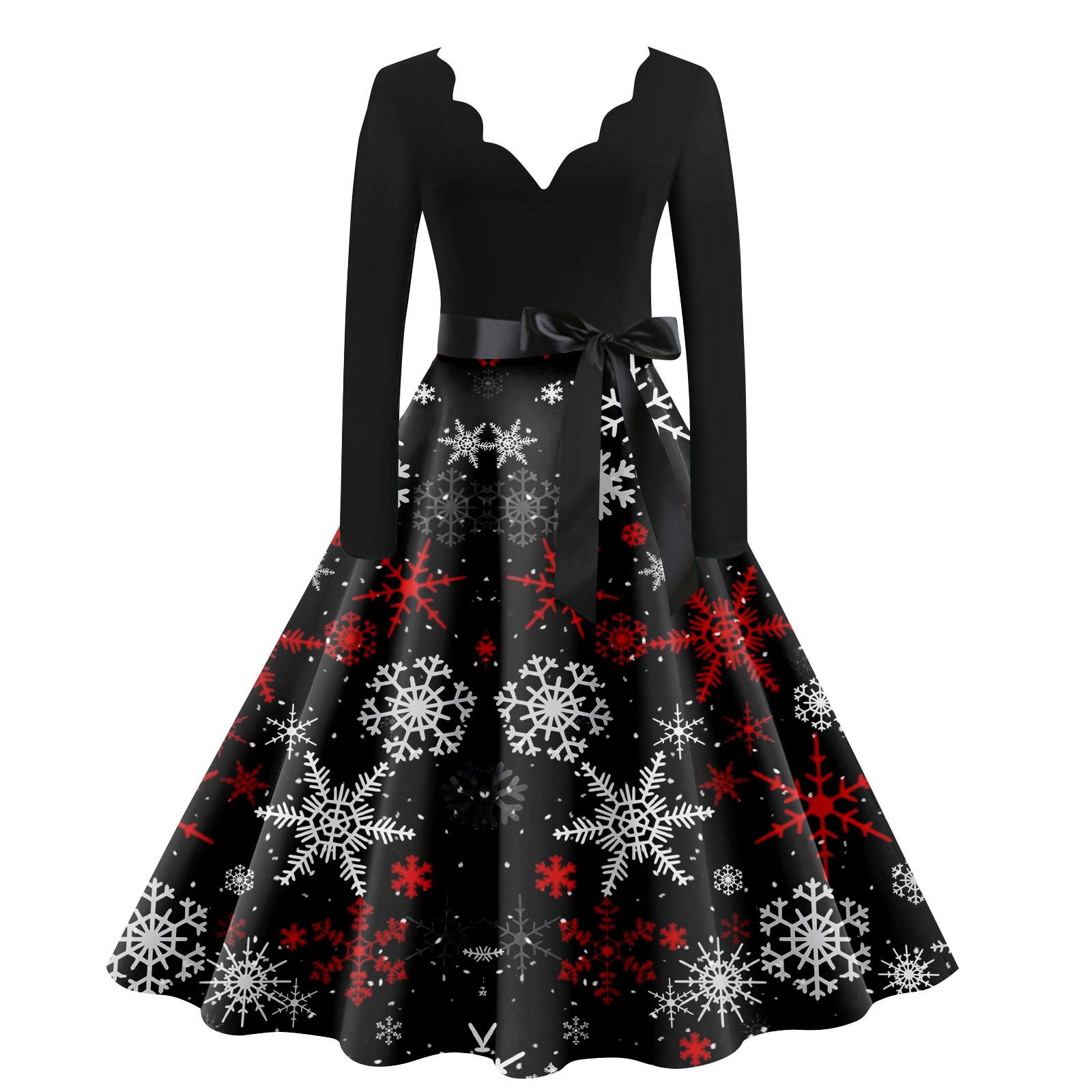 

Женское винтажное классическое платье с воротником на талии, бантом, длинными рукавами, рождественским принтом, V-образным вырезом, свободное платье XL чёрный