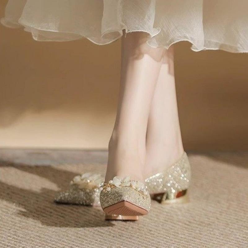 Fashion Fall New Coarse Heel Shoes Women's Pointed Head Glitter Cloth Flowers Anti-slip Wear-resistant Low-top Shoes
