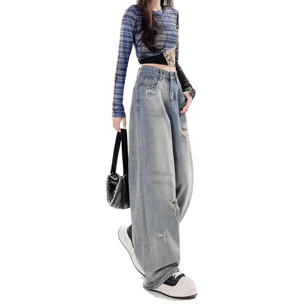2025 Women's American Style Ripped Wide-Leg Floor-Length Jeans - Loose, Retro, Versatile for Spring and Autumn
