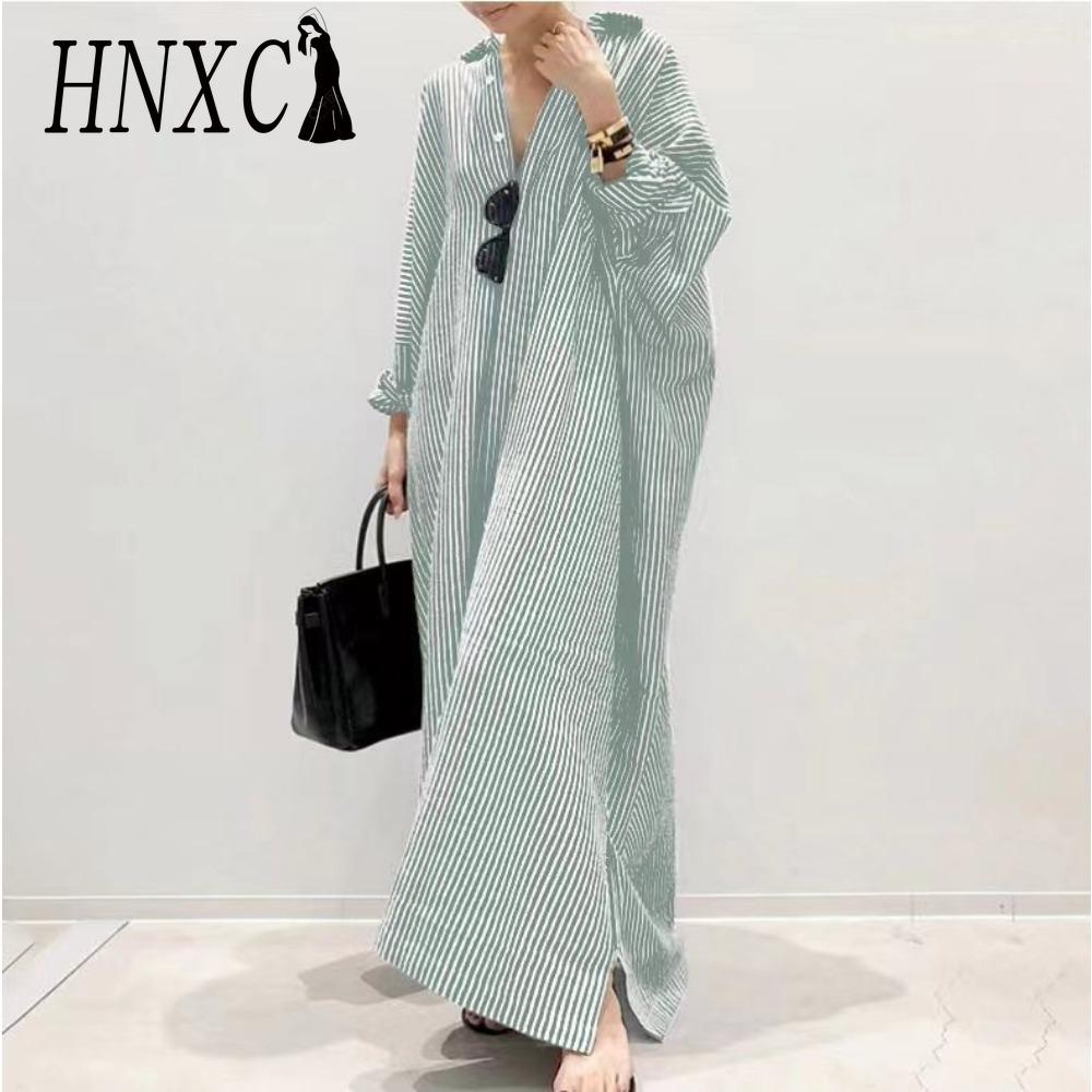 

HNXC Корейский стиль Женское длинное платье-рубашка в полоску с пуговицами и длинным рукавом Повседневное макси-платье XXXXXL зелёный