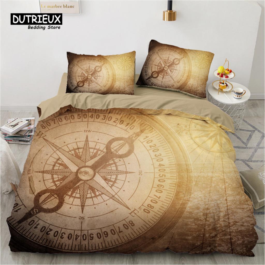 Compass Duvet Cover Vintage World Map Bedding Set Nautical Compass On Background Old Map Comforter Cover For Kids Adults Decor
