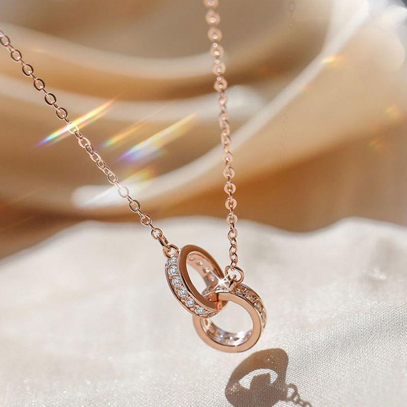 999 Sterling Silver Double Ring Interlocking Necklace - Cold Style Minimalist Double Circle Clavicle Chain for Women