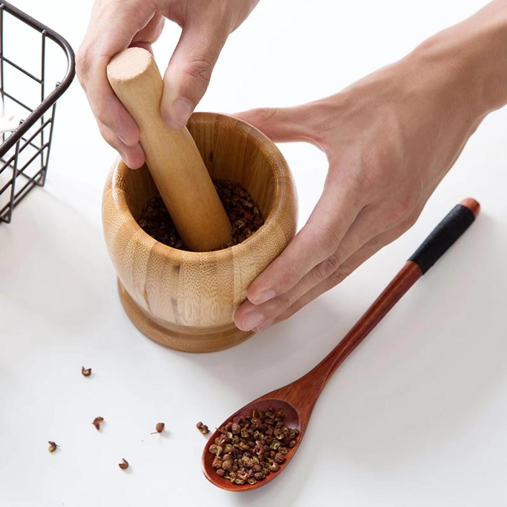 Garlic Mortar and Pestle Set Manual Wooden Grinder for Home Kitchen