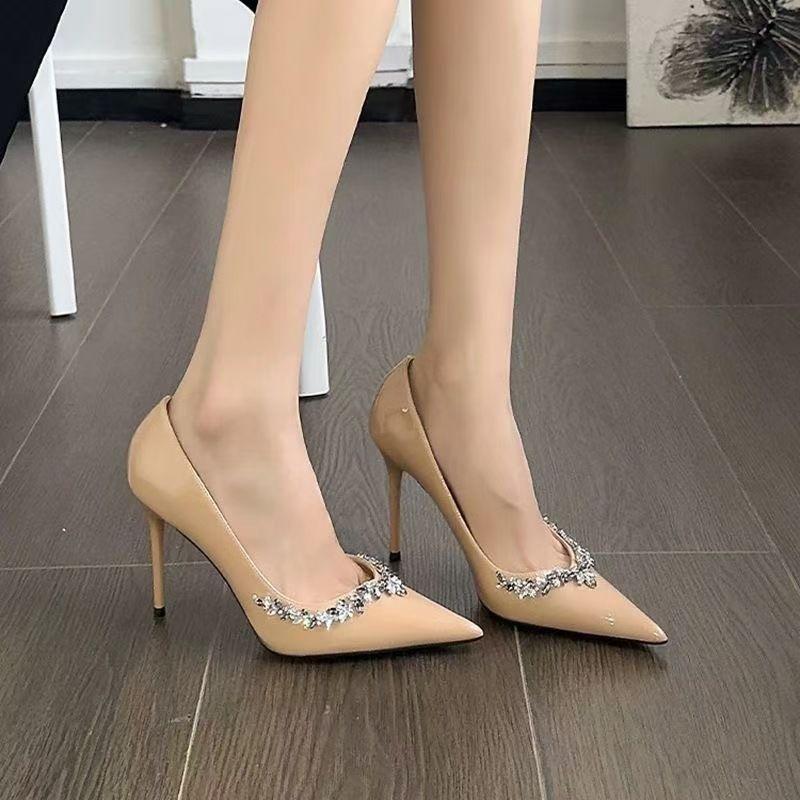 Light Mouth Black Single Shoes New Celebrity Temperament Dress Rhinestone High Heels Women's Banquet Pointed Stiletto
