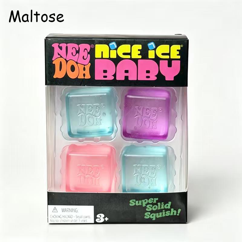 Needoh Nice Ice Mini Paquete de 4 Cubo Juguete de Apretar Transparente Brillo Suave Squishy Alivio Presión Maltosa TPR No Tóxico Juguete Portátil Regalo
