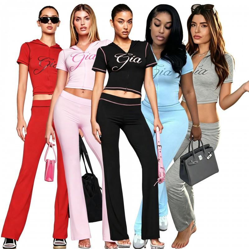 Womens Street Style Printed Short Sleeve Hooded Tracksuit Set Casual Sportswear