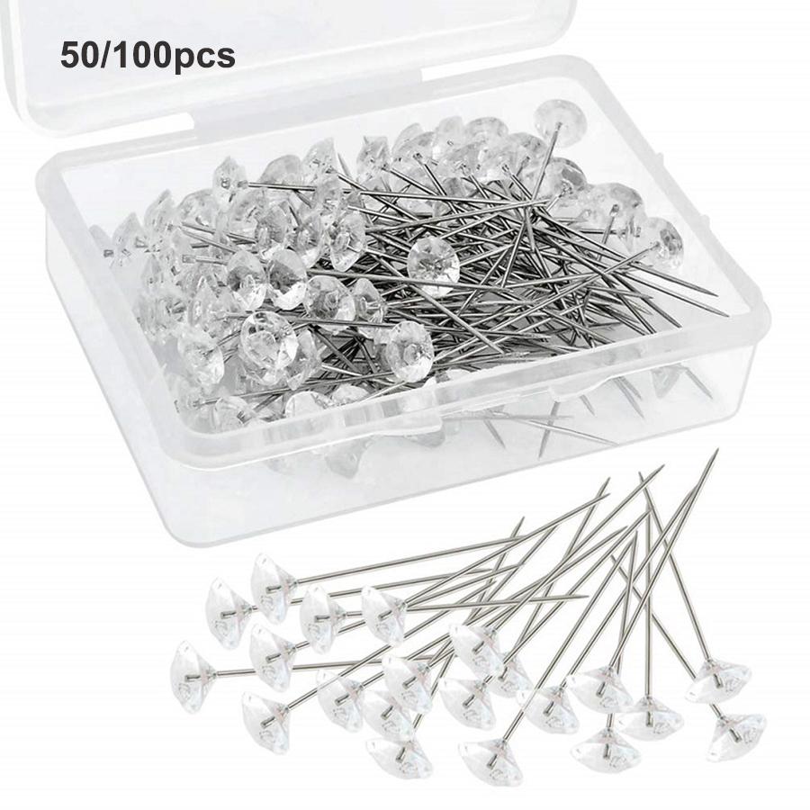1Box 50/100Pcs Alloy Pins Transparent Diamond Pin DIY Wedding Bouquet Pins Stitching Needles Plastic Box Sewing Accessories