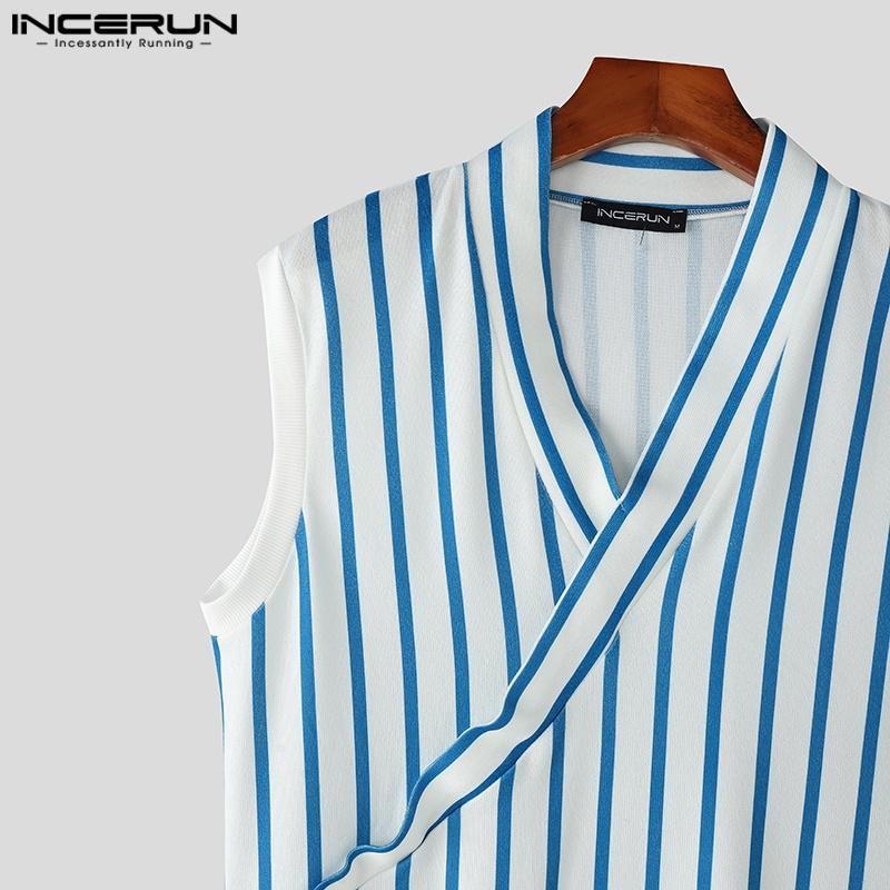INCERUN Letní pánská tílka s výstřihem do V, bez rukávů, se šněrováním na boku, s pruhovaným potiskem, ležérní
