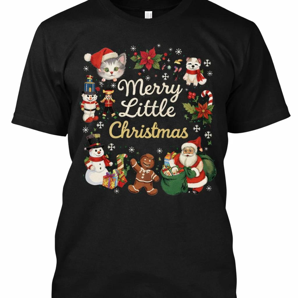 Merry Little Christmas Shirt Cute Santa Snowman Gingerbread Holiday Unisex Tee XL