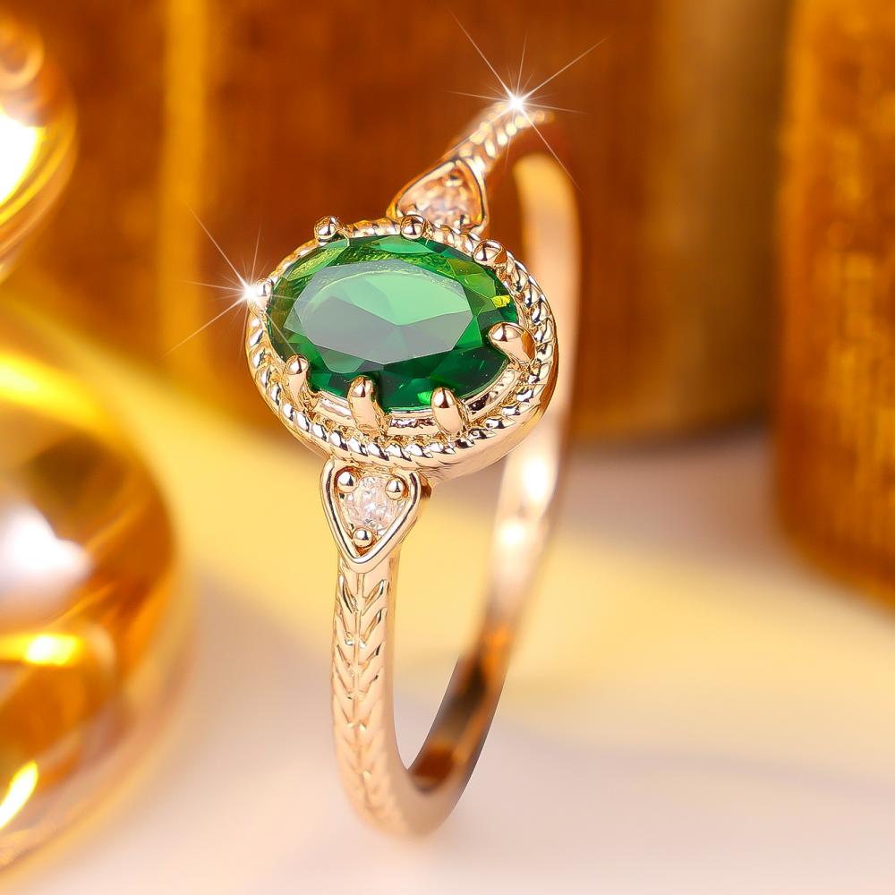 Exquisite Rose Gold Color Green Zircon Oval Ring for Women Engagement Gift
