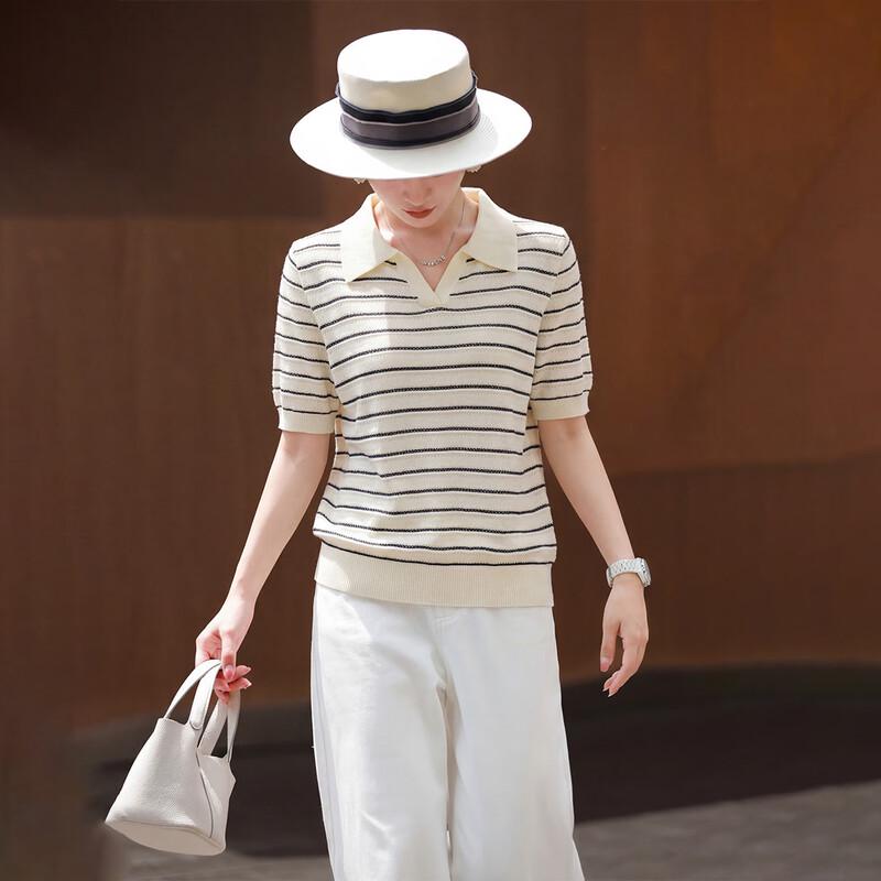 Lansere 2026 Summer Relaxed Fit Striped Knit Polo Top One Size