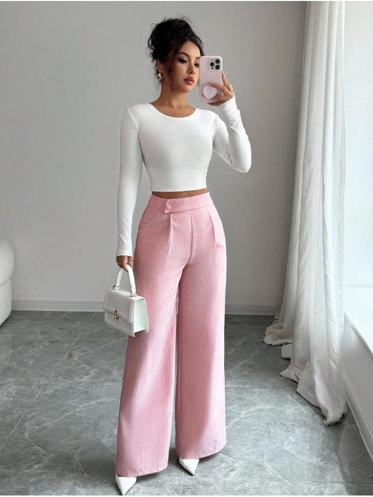2026 Spring Autumn Wide Leg Pants Spliced Button Decor High Waist Casual Loose Long Pants for Women Solid Color Office Simple Elegant Trousers