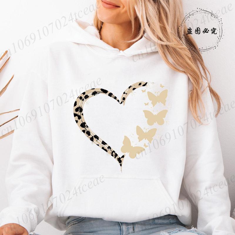 Women Hoodies Tops Funny Heart Leopard Print Hoodie Fashion Clothing Casual Female Sweatshirts Heart Leopard Fashion Streetwear