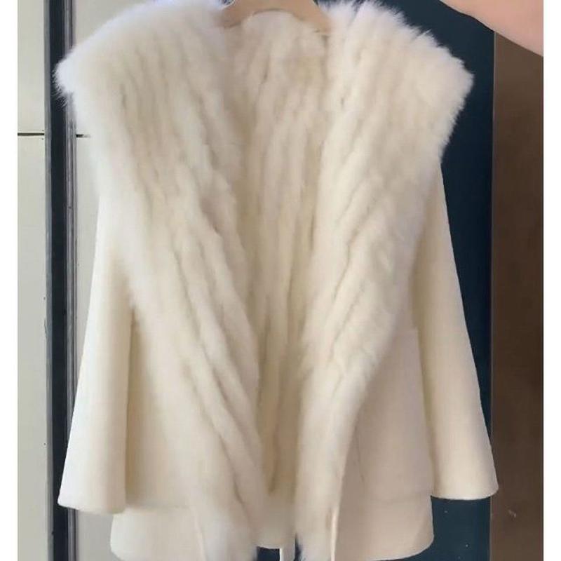 Rosa Kapuzenmantel Damen Herbst Winter Wollmantel Pelzmantel Duftender Wind Hochwertig Leicht Kurz Kragen