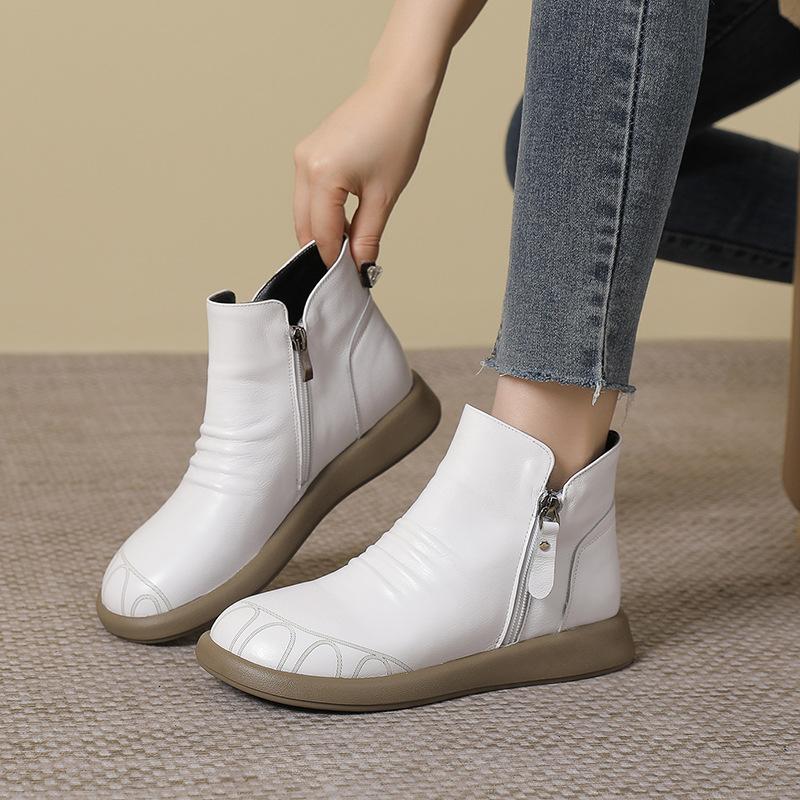 GKTINOO Autumn Winter Genuine Leather Flat Ankle Boots For Women Warm Boots Side Zipper Soft Comfortable Cow Leather Botas