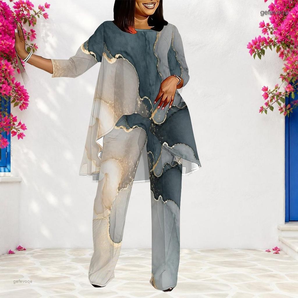 Women Plus Size Two Piece Pants Set Round Neck Long Sleeve Printed Layered Top Long Pants