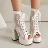 Comfortable Block Heel Sandals Women Platform Summer Shoes Lace Up Peep Toe Sexy Mesh Ankle Boots Walk Wear