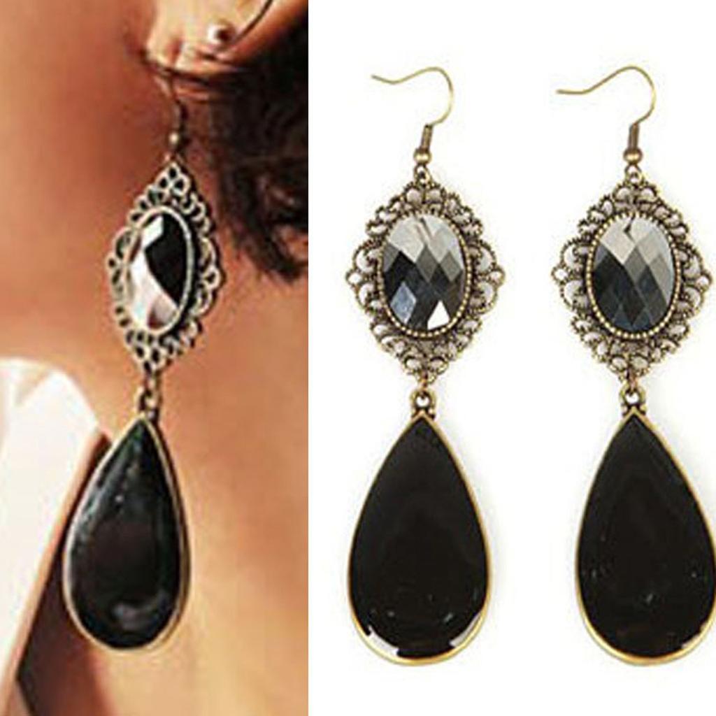 Women Fashion Bohemian Retro Water Drop Cut Out Flower Gemstone Earrings