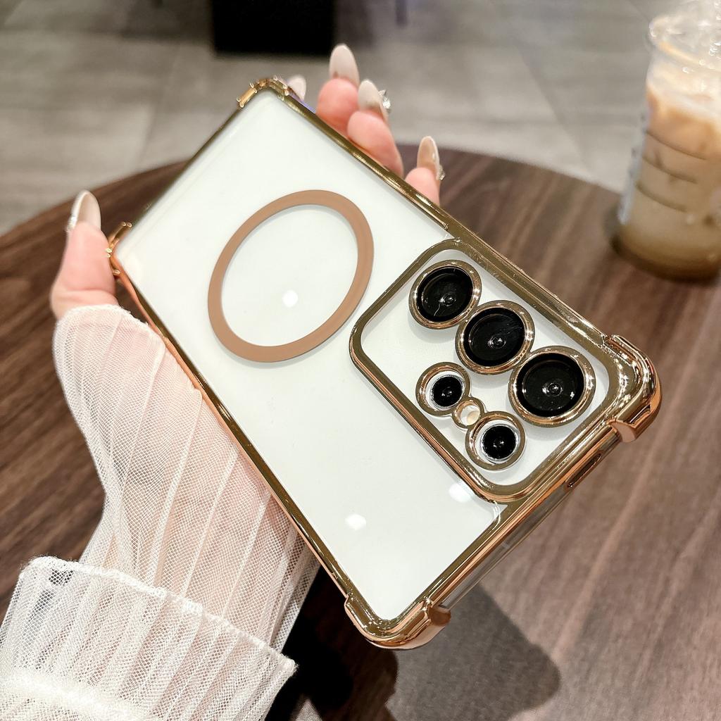 Suitable for Samsung S25 Ultra Mobile Phone Case Four Corner Airbag Anti Fall Magnetic Charging S24 Transparent Electroplated Hard Shell 23F